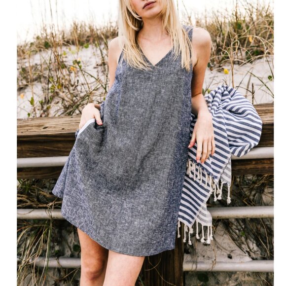 Made In The USA Linen Mini Shift Dress Boho Coastal Cowgirl Grandma Nautical - Picture 11 of 11